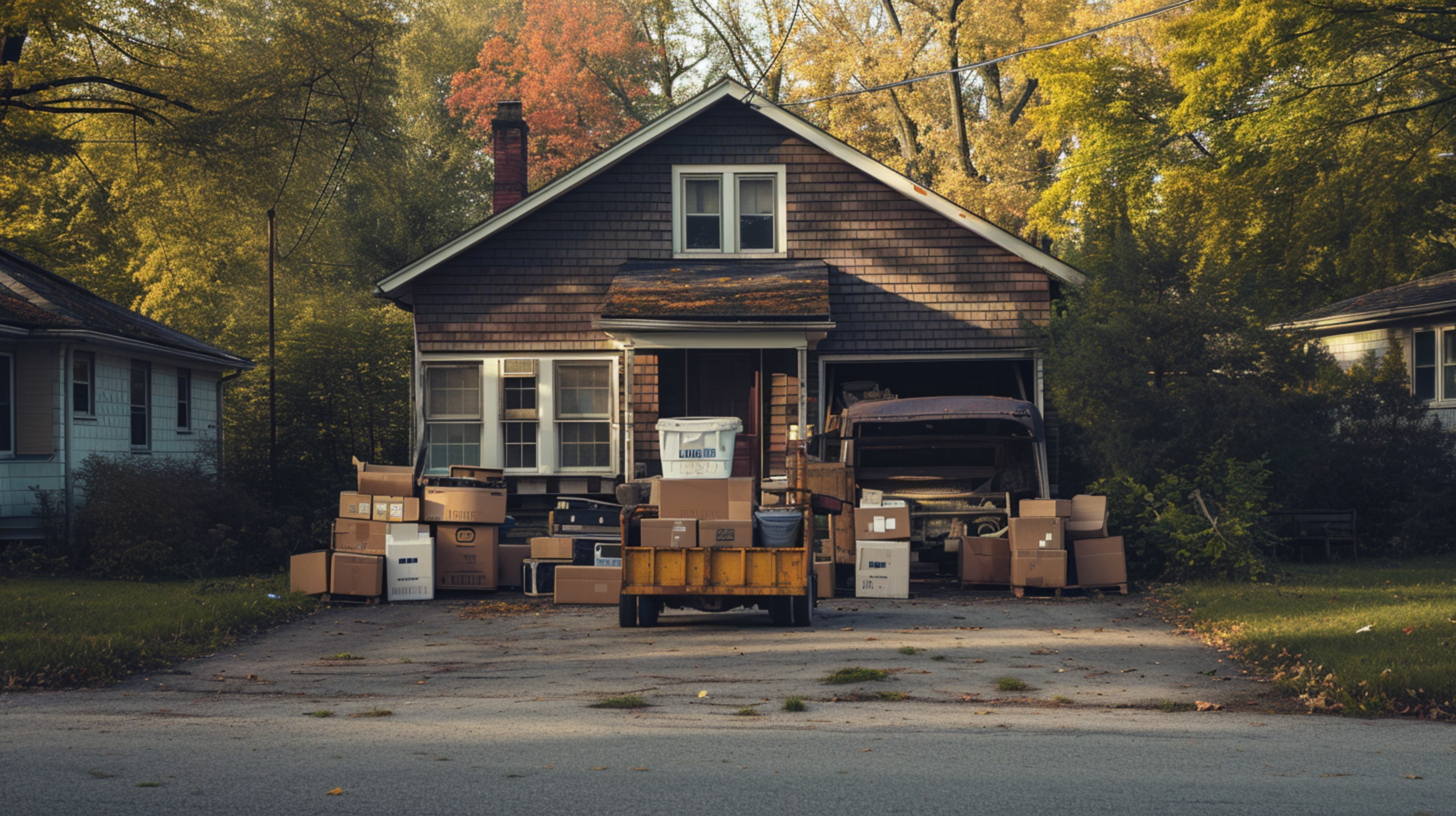 Old furniture and cardboard boxes being sorted outside a house for responsible waste clearance