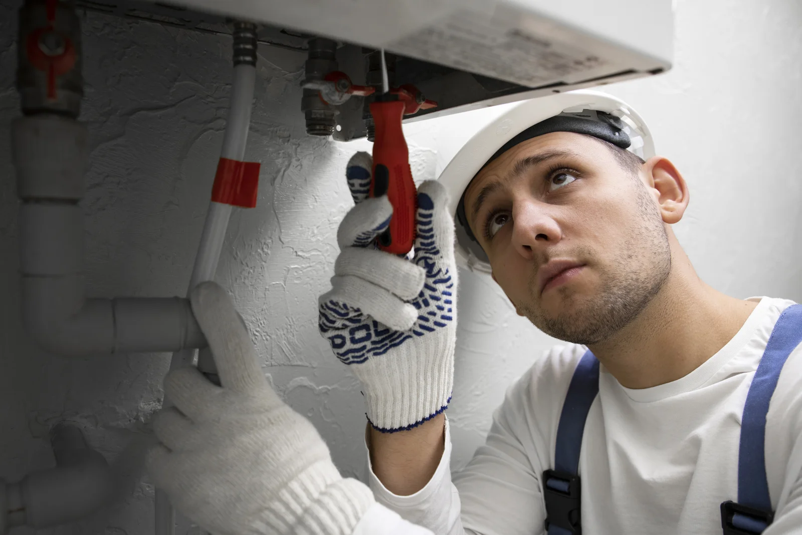 Plumber wearing a hard hat and protective gloves repairing pipes beneath a water heater